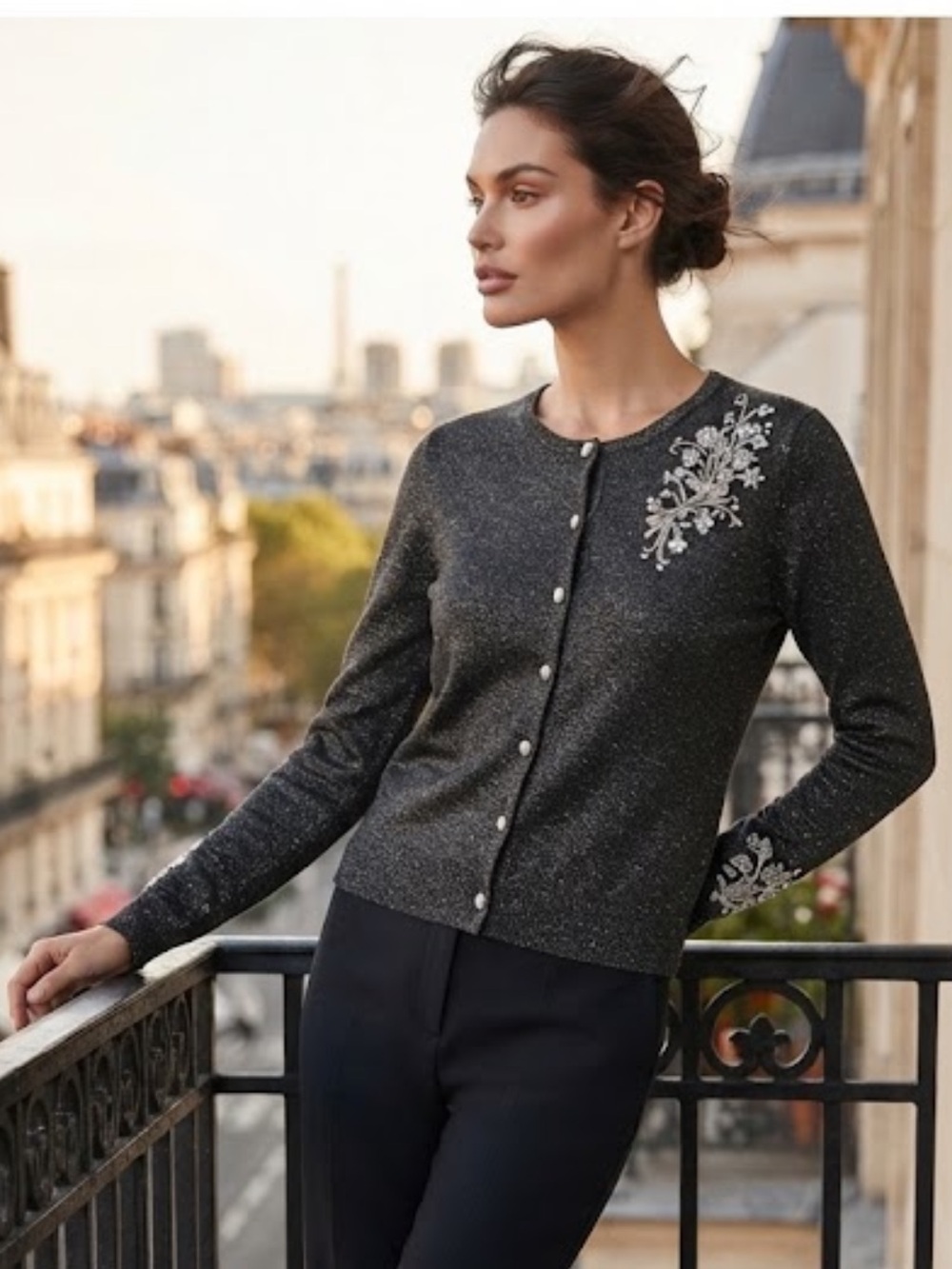 Vintage Nordstrom black knit sweater w rhinestones and pearl detailing cardigan
